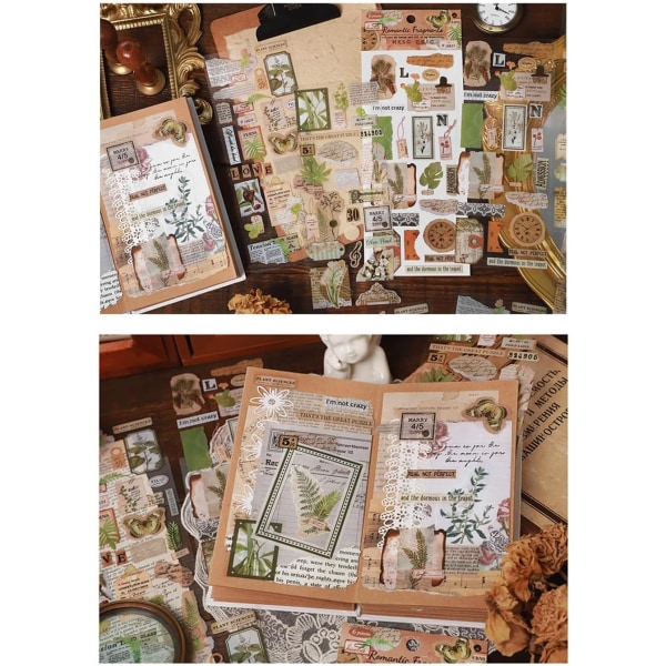 Scrapbook-klistermærker 4 pakker, 6 sider hver til skrammelkugle-vandflasker bærbar computer, PET æstetiske deko-klistermærker Journaling-artikler - Retro plante og sommerfugl