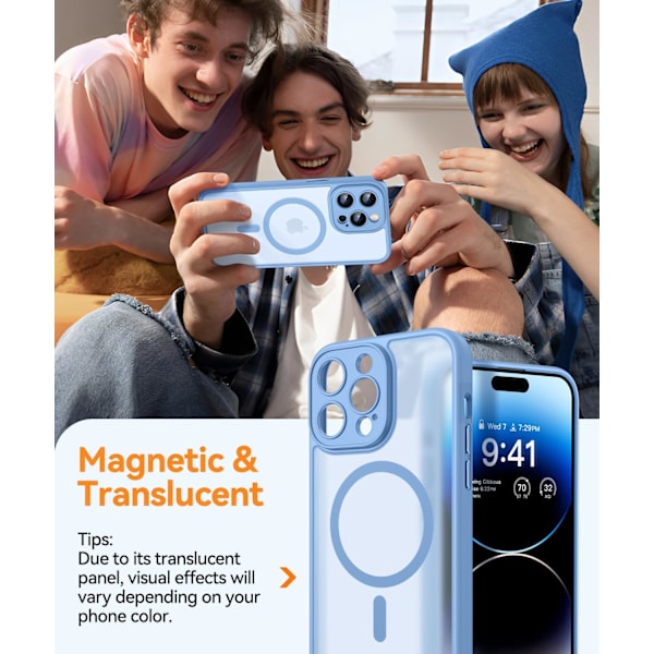 Magneettinen suojakotelo iPhone 16 Pro Max -puhelimelle täydellä kamerasuojauksella [Yhteensopiva Magsafen kanssa] [Läpikuultava matta] Suojaava puhelinkotelo, Hot Pink Light Blue iPhone 14 Pro Max