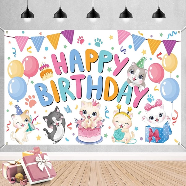 Kat Happy Birthday Baggrund Kawaii Tegneserie Kat Fotografi Baggrund Kæledyr Killing Tema Fødselsdagsfest Dekoration Forbrugsvarer