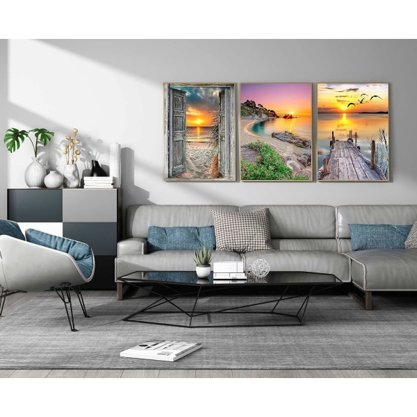 4-pack diamond painting för vuxna nybörjare, rund helborrning vid havet i solnedgångslandskap Gem Art Kit, hemväggdekor 9,8 x 13,8 tum