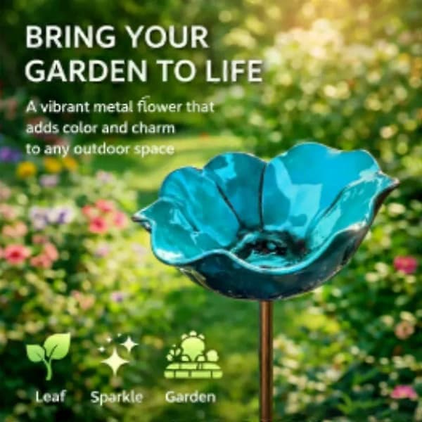 Metal blomsterfuglebad, udendørs fuglefoder og havekunst til terrasse og græsplæne blå blue 1PCS