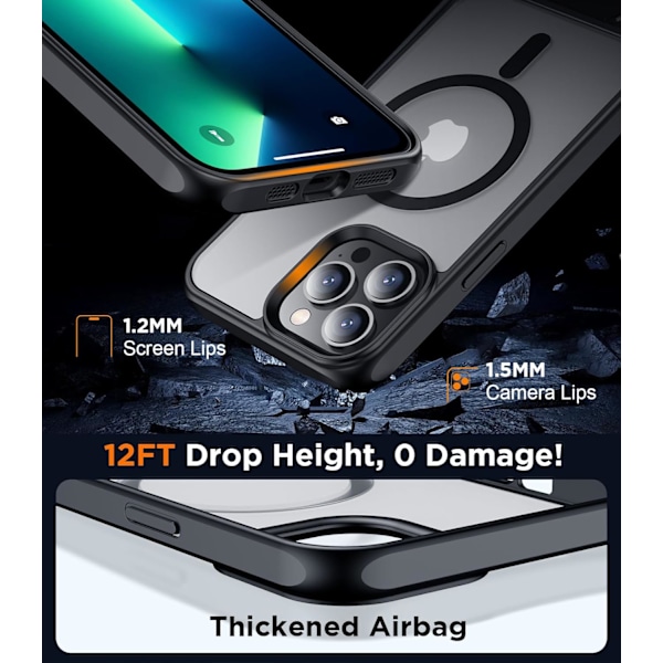 Magneettinen iPhone 16 Pro Max -kotelo, [Sisäänrakennettu näkymätön jalusta][Yhteensopiva MagSafe-tekniikan kanssa] [Sotilastason iskunkestävä] Ohut läpikuultava Black Matte iPhone 13 Pro Max