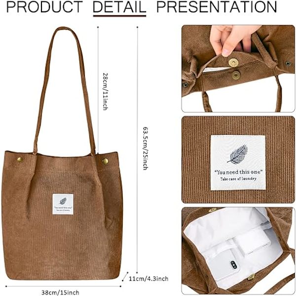 Kordväv Tote Bag för kvinnor Canvas Axelväska med Innerficka