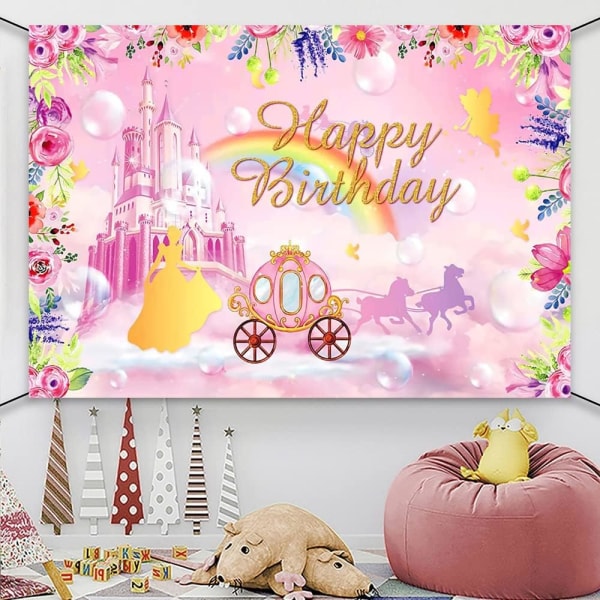 Prinsesse Fødselsdagsfest Dekorationer, Pink Slot Fødselsdag Baggrund Banner Slot Fødselsdag Foto Baggrund, 59x39 Tommer