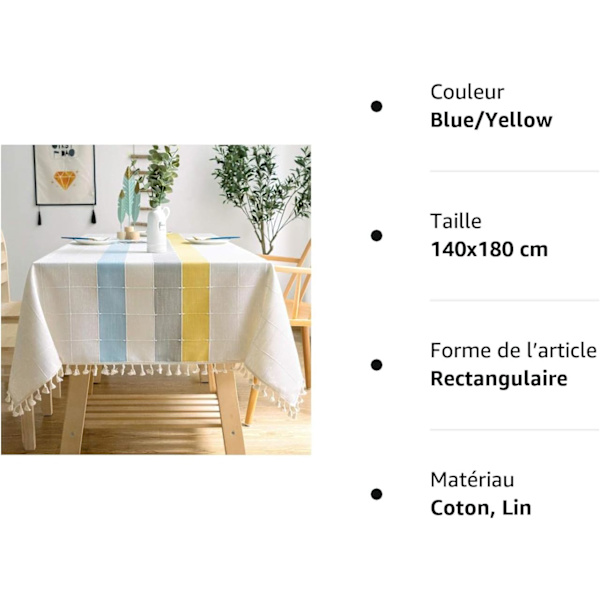 Puuvilla- ja pellavapöytäliina, yksivärinen ruudullinen kirjailtu tupsu, keittiön pöytäkoriste (140x180cm, sininen/keltainen)