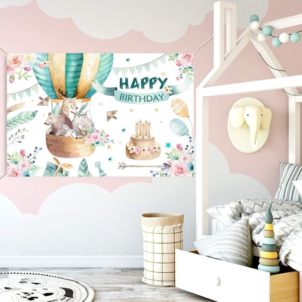 Syntymäpäivän tausta Kuuma Ilmapallo Sarjakuvaeläimet Lapset Vauvan Syntymäpäivä Banner Eläimet Banner Onnellinen Syntymäpäivä Juhlat Tausta Kukka Kakku Tausta