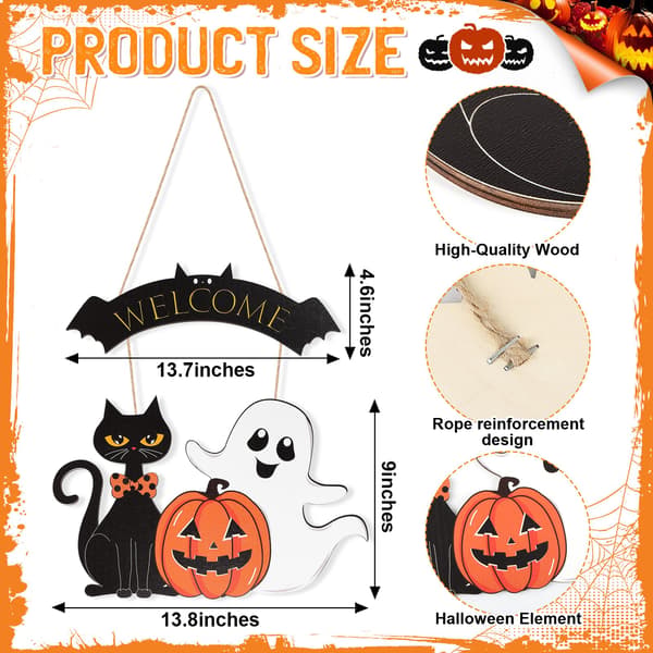 Halloween Træhængende Skilt - Spøgelse, Sort Kat & Græskar Design, Dørkrans, Glad Halloween Dekoration til Hjemmet