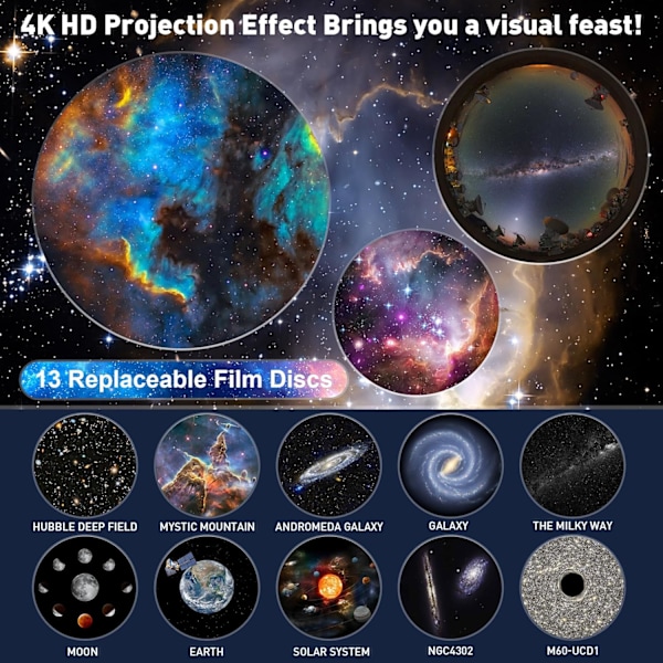 Stjernehimmel projektorlampe, stjernehimmel til soveværelse, 13 planetariske skiver, LED stjernehimmel, projektor til børn, voksne/soveværelse/fest/loft Moonlight silver