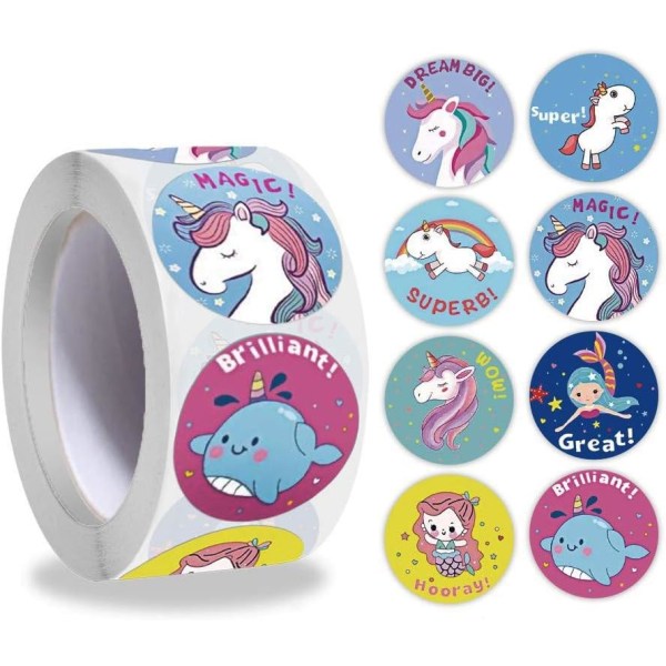 Tecknade Unicorn Reward-klistermärken, 500 st 1 tums sjöjungfruprinsessadkal för flickelever, Lärartillbehör för klassrum, potträningsdekaler