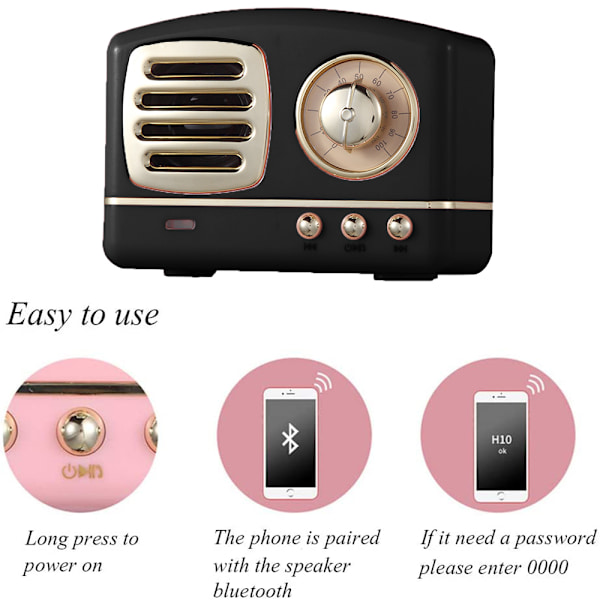 Bärbar Bluetooth Retro Högtalare, Trådlös Mini Retro Högtalare, Rik Bas, Stereo, Inbyggd Mikrofon-svart