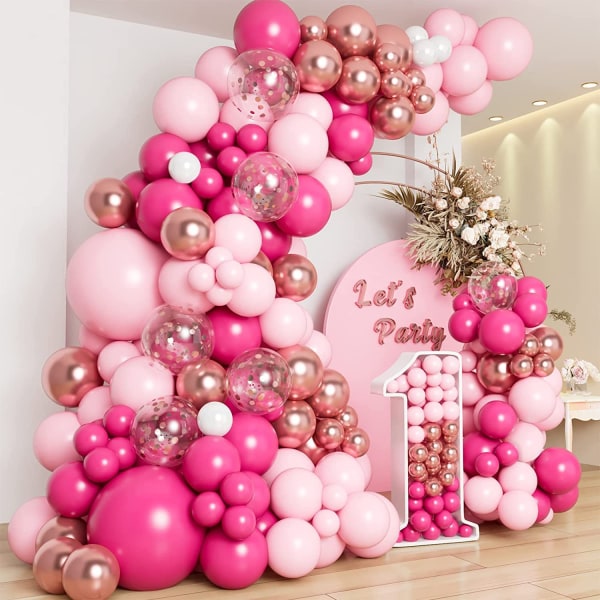 141 st rosa ballongbågsset, varmrosa metallisk roséguld kromkonfettiballonger