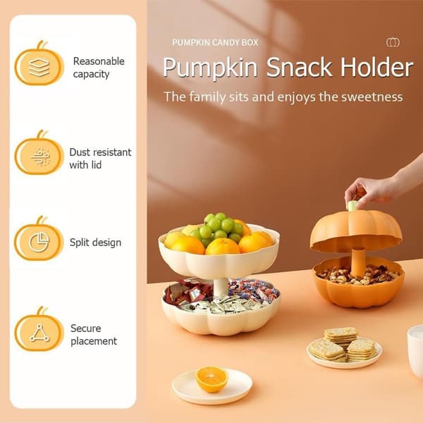 Two-pack Pumpkin Double-Layer Snack Tray, Three-Compartment Halloween Snack Bowl Holder with Toothpick Storage Compartment, Fruit Plate for Movie Night