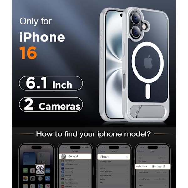 Magnetiskt kompatibel med iPhone 16 Pro Max-fodral, [Inbyggt osynligt stativ][Kompatibelt med MagSafe] [Militärklass stöttåligt] Smalt genomskinligt Silver for iPhone 16 6.1"