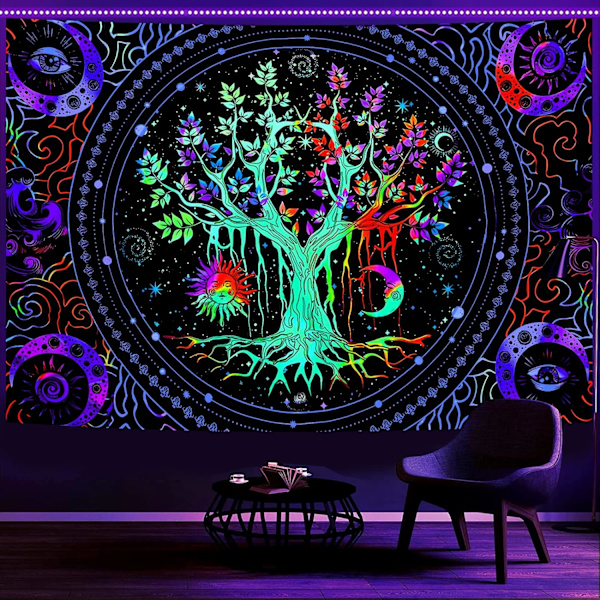 Svartljus Livets Träd Gobeläng Väggbonad Trippy Gobeläng UV-reaktiv Väggbonad Galaxgobeläng Svartljus Gobeläng för Sovrum (150x200cm)
