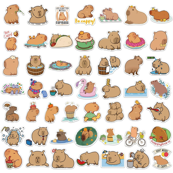 Morsomme Capybara-gaver Klistremerker Pakke 50PCS, Søte Dyreklistremerker Kawaii Vinyl Vanntette Klistremerker for Vannflasker Bærbar PC