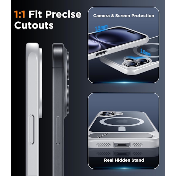 Magneettinen iPhone 16 Pro Max -kotelo, [Sisäänrakennettu näkymätön jalusta][Yhteensopiva MagSafe-tekniikan kanssa] [Sotilastason iskunkestävä] Ohut läpikuultava Silver for iPhone 16 Plus 6.7"