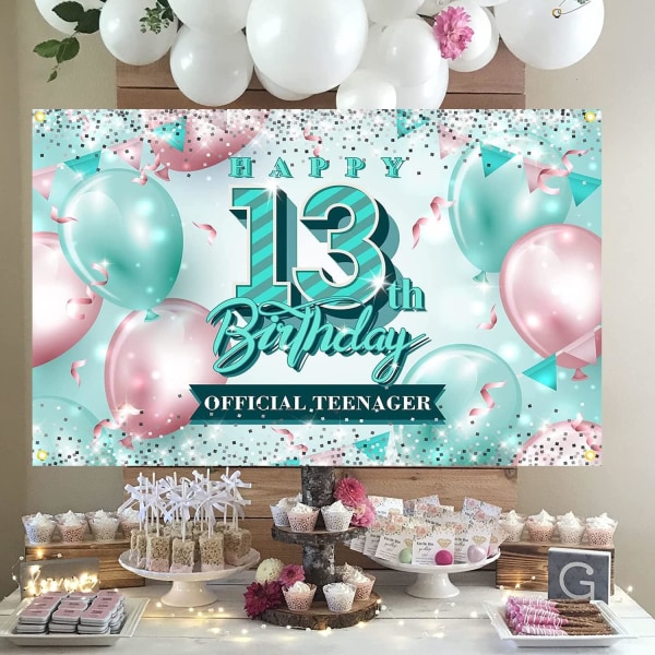 Glad 13-årsdag Bakgrund Dekorationer Rosa och Teal Glitter 13 år Gammal Banner för Flickor Officiell Tonåring Födelsedagsfest Dekorationer Tillbehör