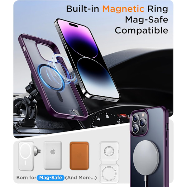 Magneettinen iPhone 16 Pro Max -kotelo, [Sisäänrakennettu näkymätön jalusta][Yhteensopiva MagSafe-tekniikan kanssa] [Sotilastason iskunkestävä] Ohut läpikuultava Purple iPhone 14 Pro Max