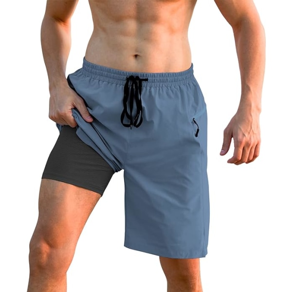 Badbyxor med kompressionsfoder 2 i 1 Boardshorts 9 tum Snabbtorkande badbyxor med blixtlåsförsedda fickor