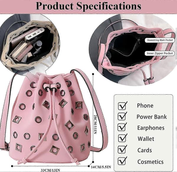 Hinkväskor för kvinnor, nitad handväska Mini Läder Hobo Väska Y2K Trendig Nitad Crossbody Hinkhandväskor Pink