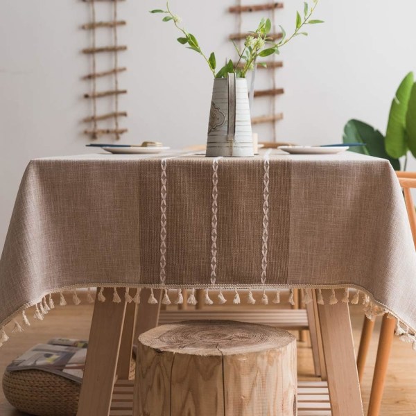 Robust bomulls- och linneduk för rektangulära bord Duk med robust gallerbroderi. (140 x 300 cm, Khaki)