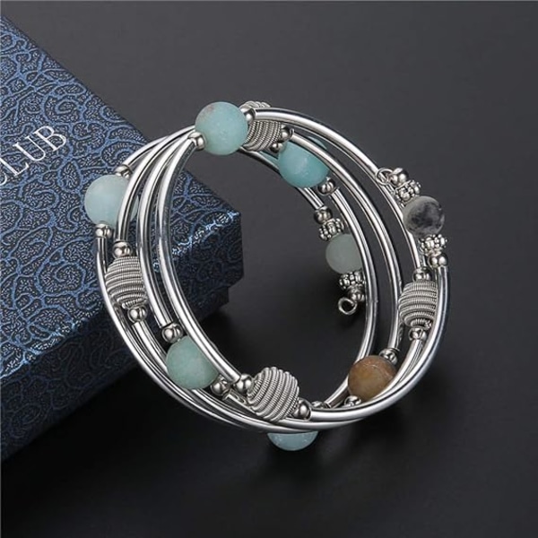 Turkos pärlor Chakra armband armband, silver lager smycken wrap armband med natursten Födelsedagspresent för kvinnor (färg 2)