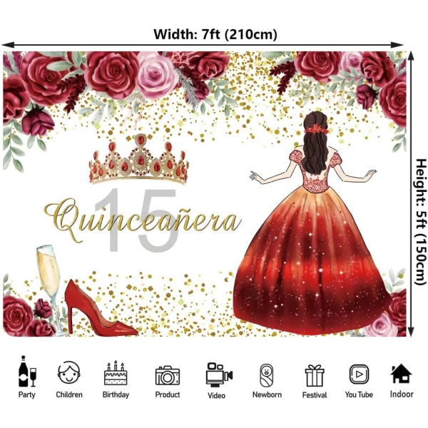 15-års bursdagsbakgrunn for jenter Miss Quince 15 år gammel festbakgrunn Rød blomst Kjole Prinsesse Femten Bakgrunn Banner 7x5ft