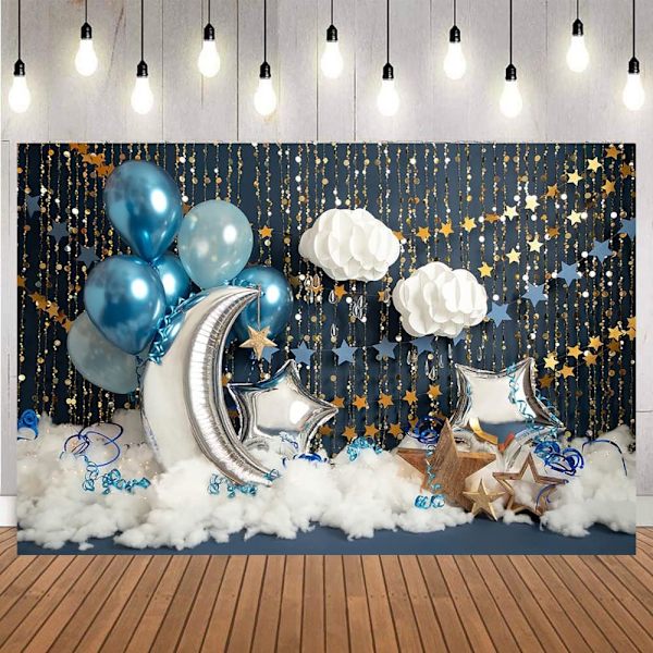 Syntymäpäivävalokuvaustausta Valokuvastudio Ilmapallot Kultainen Kimalteleva Tähti Vauva Muotokuva Tausta Pilvi Kuu Photocall (7x5FT/2.1x1.5m)