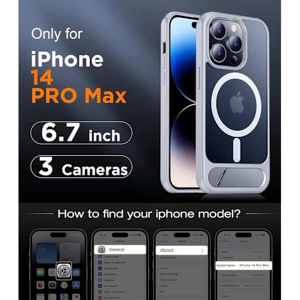 Magneettinen iPhone 16 Pro Max -kotelo, [Sisäänrakennettu näkymätön jalusta][Yhteensopiva MagSafe-tekniikan kanssa] [Sotilastason iskunkestävä] Ohut läpikuultava Silver iPhone 14 Pro Max