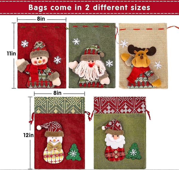 5-pack 3D julklapps- och festpåsar, snögubbedesign, dragskopåsar 20x28cm + 20x30cm, röda julgodispåsar