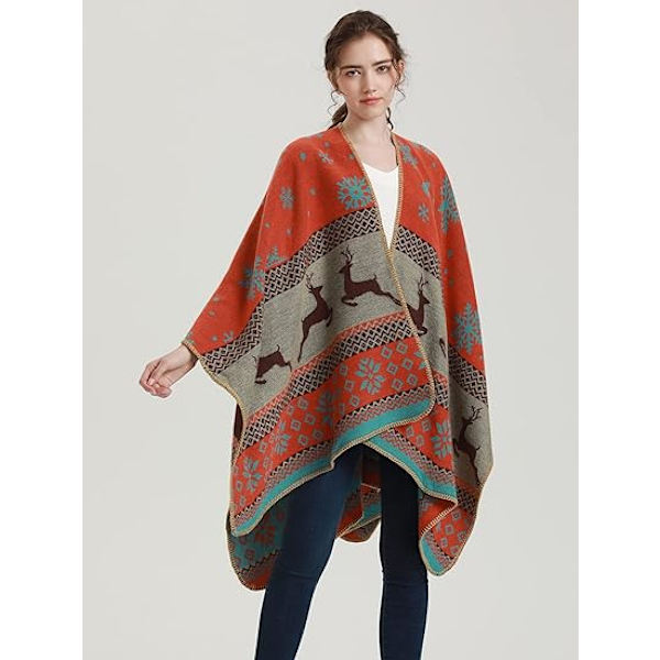 Dame Plaid Sweater Poncho Kappe Frakke Åben Front Tæppe Sjal og Wraps