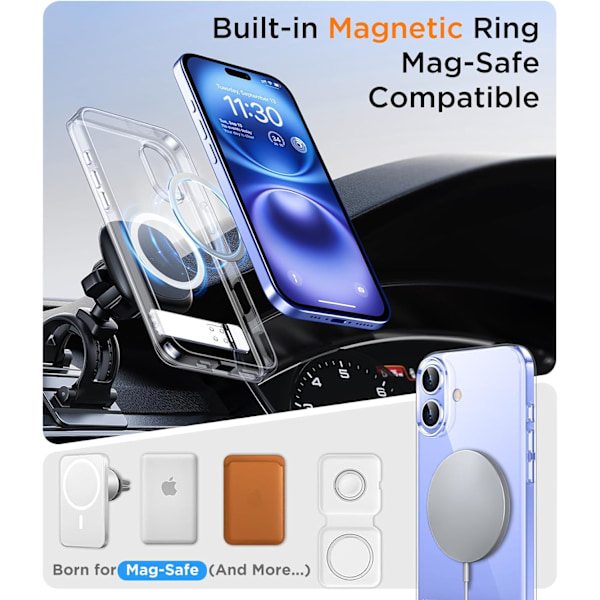Magnetiskt kompatibel med iPhone 16 Pro Max-fodral, [Inbyggt osynligt stativ][Kompatibelt med MagSafe] [Militärklass stöttåligt] Smalt genomskinligt Clear-Stand for iPhone 16 Plus 6.7"