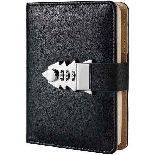 Lock Journal Låsbar dagbok, påfyllningsbar skrivbok med kombinationslås, Pocketbook Lösenord Anteckningsblock med pennhållare（Svart）