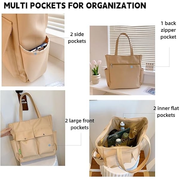 Kvinnor Multi Fickor Dragkedja Vattentät Lätt Tote Väska Casual Stora Axelväskor Söta Canvas College Totes