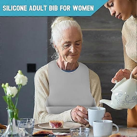 Washable Silicone Bibs for Adults Elderly, Adjustable Silicone Bib for Adults, Waterproof Bib for Elderly with Crumb Catcher, Feeding Bibs Grey