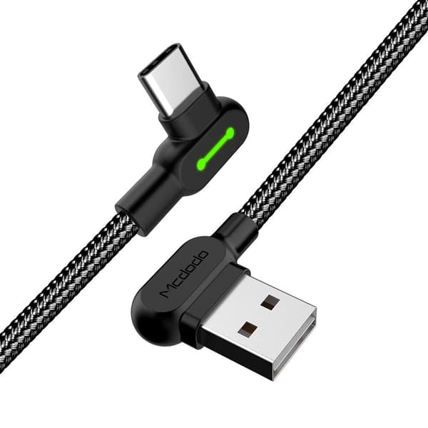 Mcdodo CA-5281 Vinklet USB C til vinklet USB A-kabel til synkronisering og hurtig opladning, med LED, sort, 1,2m