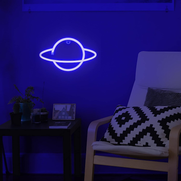 Planet Neon Lys - Cool Blå Planet Led Skilt til Vægdekoration - Hængende Saturn LED Lys - Planet Lys til Soveværelse, Spillerum (blå)