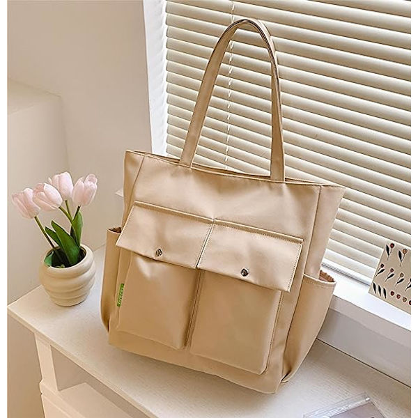 Kvinnor Multi Fickor Dragkedja Vattentät Lätt Tote Väska Casual Stora Axelväskor Söta Canvas College Totes