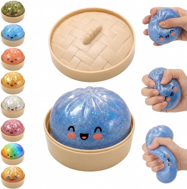 Glitter Dumpling Squishy, Dumpling Squishies, Glitter Dumpling Mystery Box, Farverige Dumpling Stressbolde Fidget, Jumbo Squishy Legetøj med Damperkasse Sæt Blue