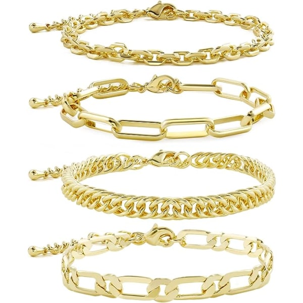 Guldkedjebraceletset för kvinnor flickor 14K guldpläterade fina länkar Pappersklämma armband Stake Justerbar skiktad metall länk armband set