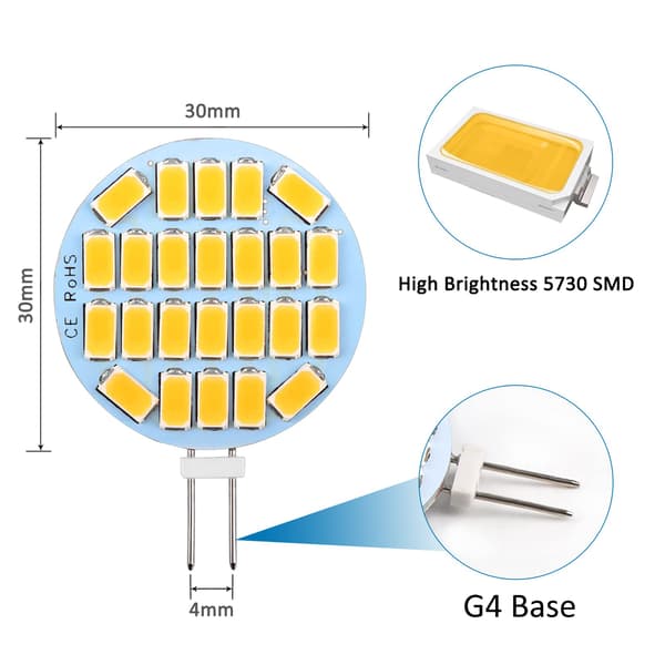 G4 LED 3W, AC12-24V, 300LM Warm White 3000K, 24x5730 SMD 6-pack