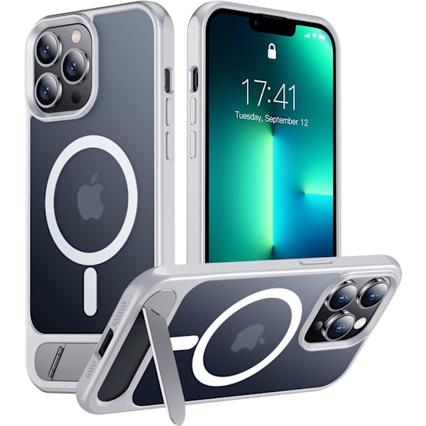Magnetisk Kompatibel med iPhone 16 Pro Max Cover, [Indbygget Usynlig Støttefod][Kompatibel med MagSafe] [Militær Standard Stødsikker] Slankt Gennemsigtigt Silver iPhone 13 Pro Max
