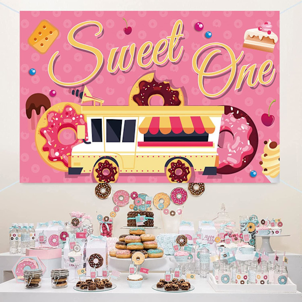 Truck Sweet One Bakgrunn Gratulerer Med 1-Årsdag Første Bursdag Baby Jenter Donut Fotografering Bakgrunn 1-Årsdag Festdekorasjoner Banner