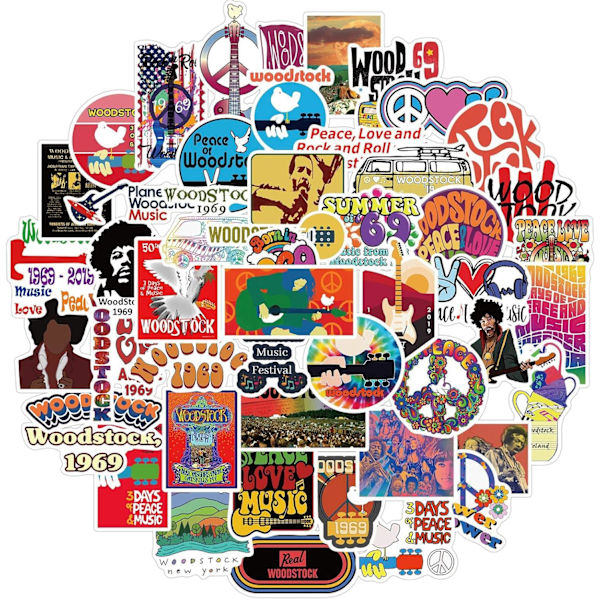 Woodstock Festival Stickers - 50 st tecknade vattentäta dekaler DIY för festtillbehör PVC-dekoration för bärbar dator gitarr present till tonåringar familj vänner