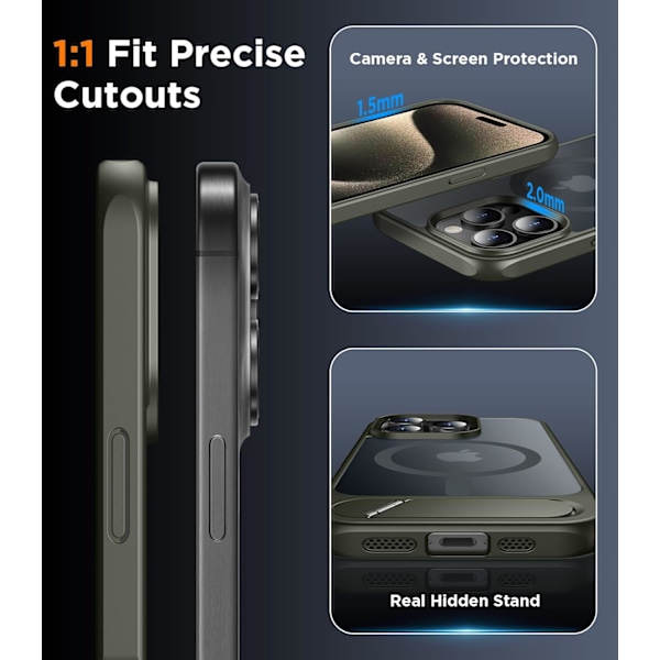 Magneettinen iPhone 16 Pro Max -kotelo, [Sisäänrakennettu näkymätön jalusta][Yhteensopiva MagSafe-tekniikan kanssa] [Sotilastason iskunkestävä] Ohut läpikuultava Gray iPhone 15 Pro Max
