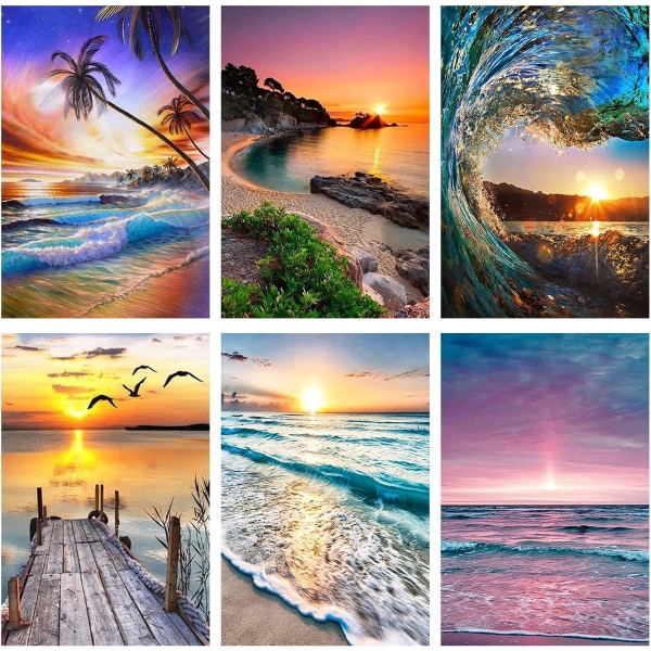 6 Pack 5D Diamond Art Kits Full Drill Diamond Paintings Kit Crafts for Adults Kids Beginners, DIY Beach Diamond Painting Packs Gem Art  11.8x15.7in