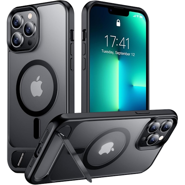 Magneettinen iPhone 16 Pro Max -kotelo, [Sisäänrakennettu näkymätön jalusta][Yhteensopiva MagSafe-tekniikan kanssa] [Sotilastason iskunkestävä] Ohut läpikuultava Black Matte iPhone 13 Pro Max