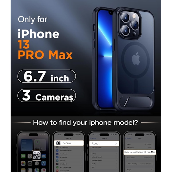 Magneettinen iPhone 16 Pro Max -kotelo, [Sisäänrakennettu näkymätön jalusta][Yhteensopiva MagSafe-tekniikan kanssa] [Sotilastason iskunkestävä] Ohut läpikuultava Black iPhone 13 Pro Max
