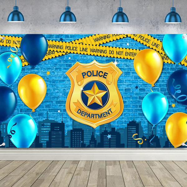 Polisbakgrund Polistema Grattis på födelsedagen Festdekorationer Polisavdelningsmärke Blå tegelvägg Fotografi Bakgrund, 72X 43tum