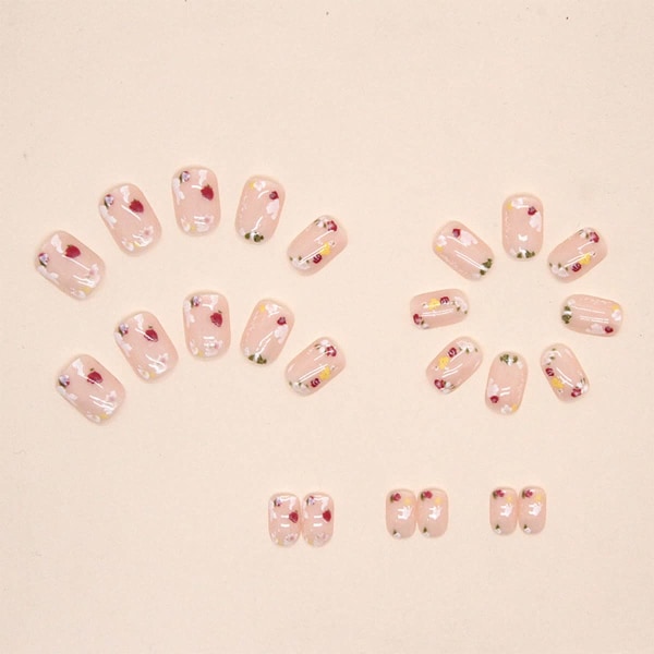 Tryck på naglar Fyrkantiga korta falska naglar Rosa lösnaglar med färgglada blommönster Akryl konstnaglar våren blommiga cover naglar 24 st.